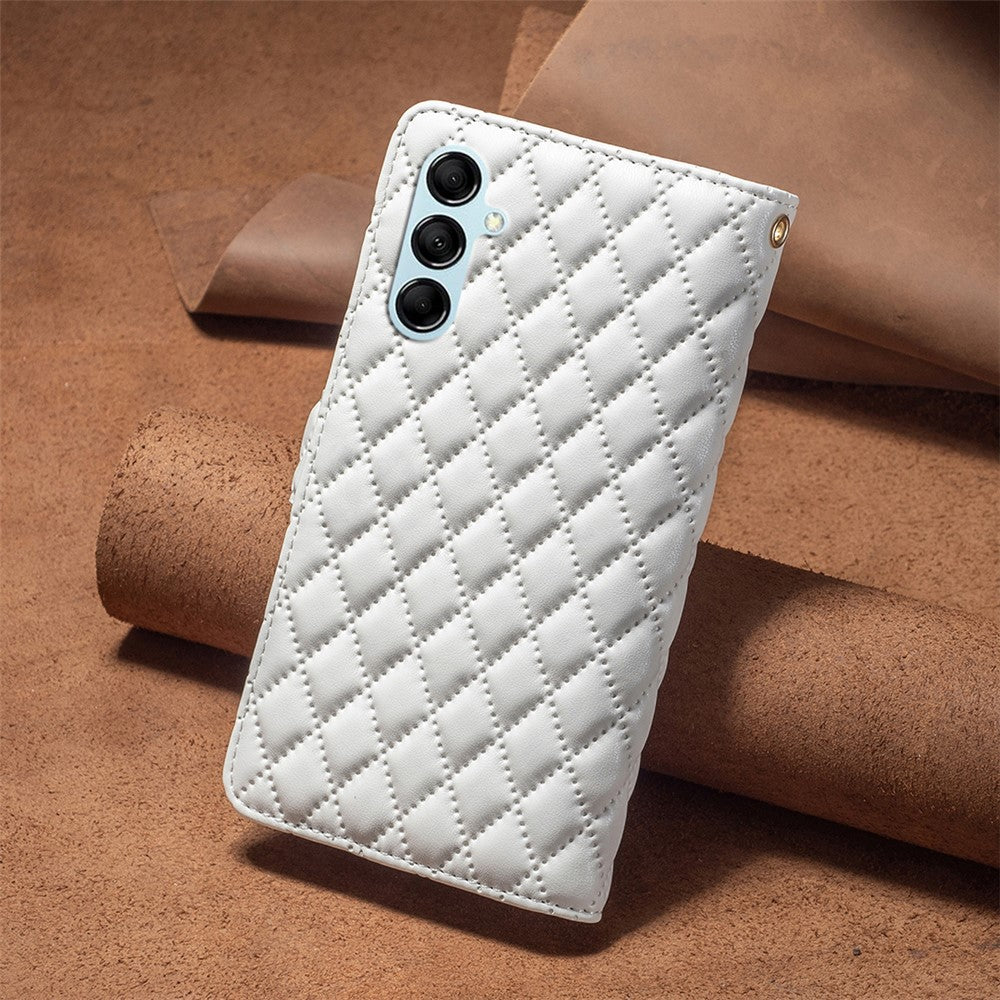BINFEN COLOR BF Style-15 for Samsung Galaxy M14 5G Zipper Pocket PU Leather Wallet Case Phone Stand Cover - White