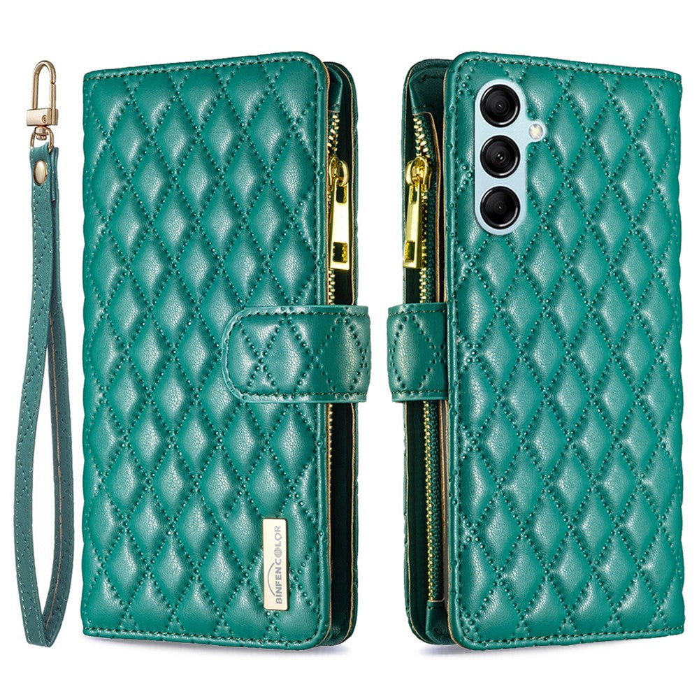 BINFEN COLOR BF Style-15 for Samsung Galaxy M14 5G Zipper Pocket PU Leather Wallet Case Phone Stand Cover - Green