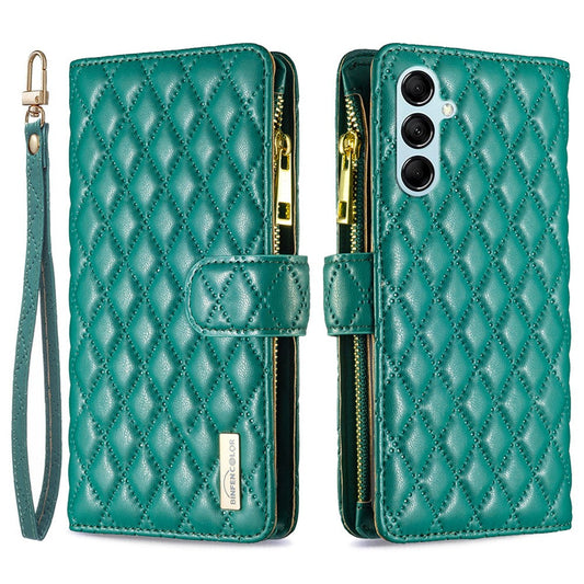 BINFEN COLOR BF Style-15 for Samsung Galaxy M14 5G Zipper Pocket PU Leather Wallet Case Phone Stand Cover - Green