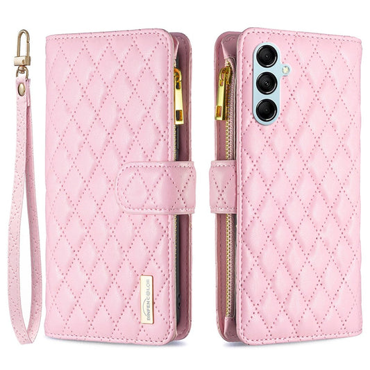 BINFEN COLOR BF Style-15 for Samsung Galaxy M14 5G Zipper Pocket PU Leather Wallet Case Phone Stand Cover - Pink