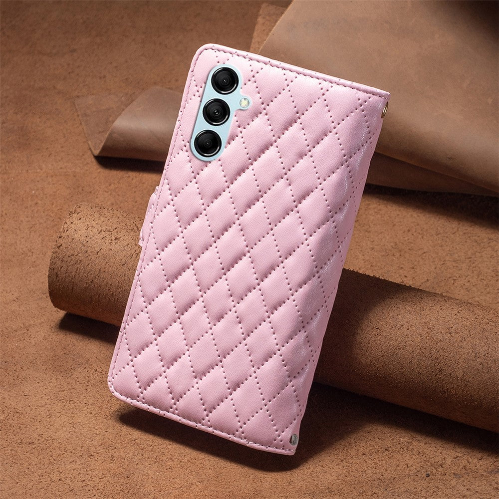 BINFEN COLOR BF Style-15 for Samsung Galaxy M14 5G Zipper Pocket PU Leather Wallet Case Phone Stand Cover - Pink