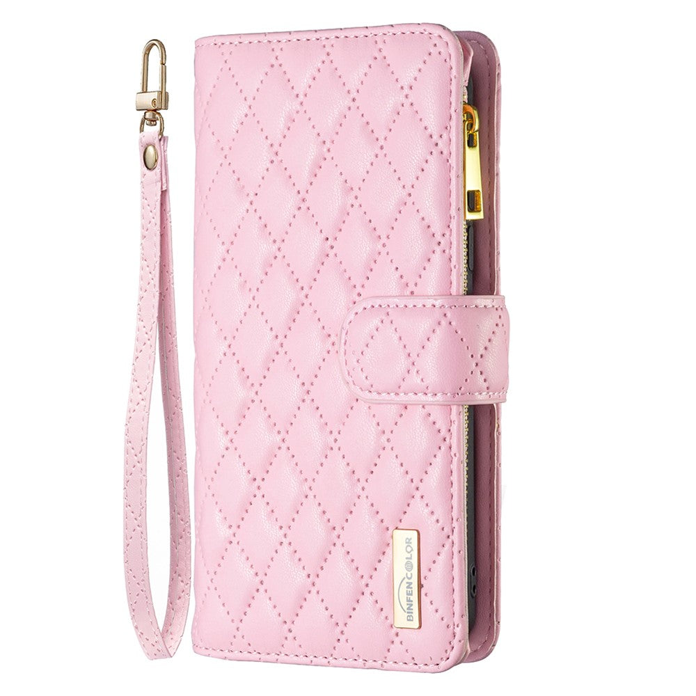 BINFEN COLOR BF Style-15 for Samsung Galaxy M14 5G Zipper Pocket PU Leather Wallet Case Phone Stand Cover - Pink