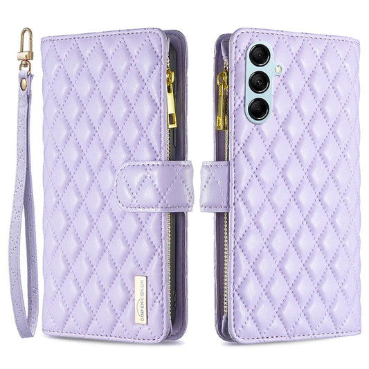 BINFEN COLOR BF Style-15 for Samsung Galaxy M14 5G Zipper Pocket PU Leather Wallet Case Phone Stand Cover - Purple