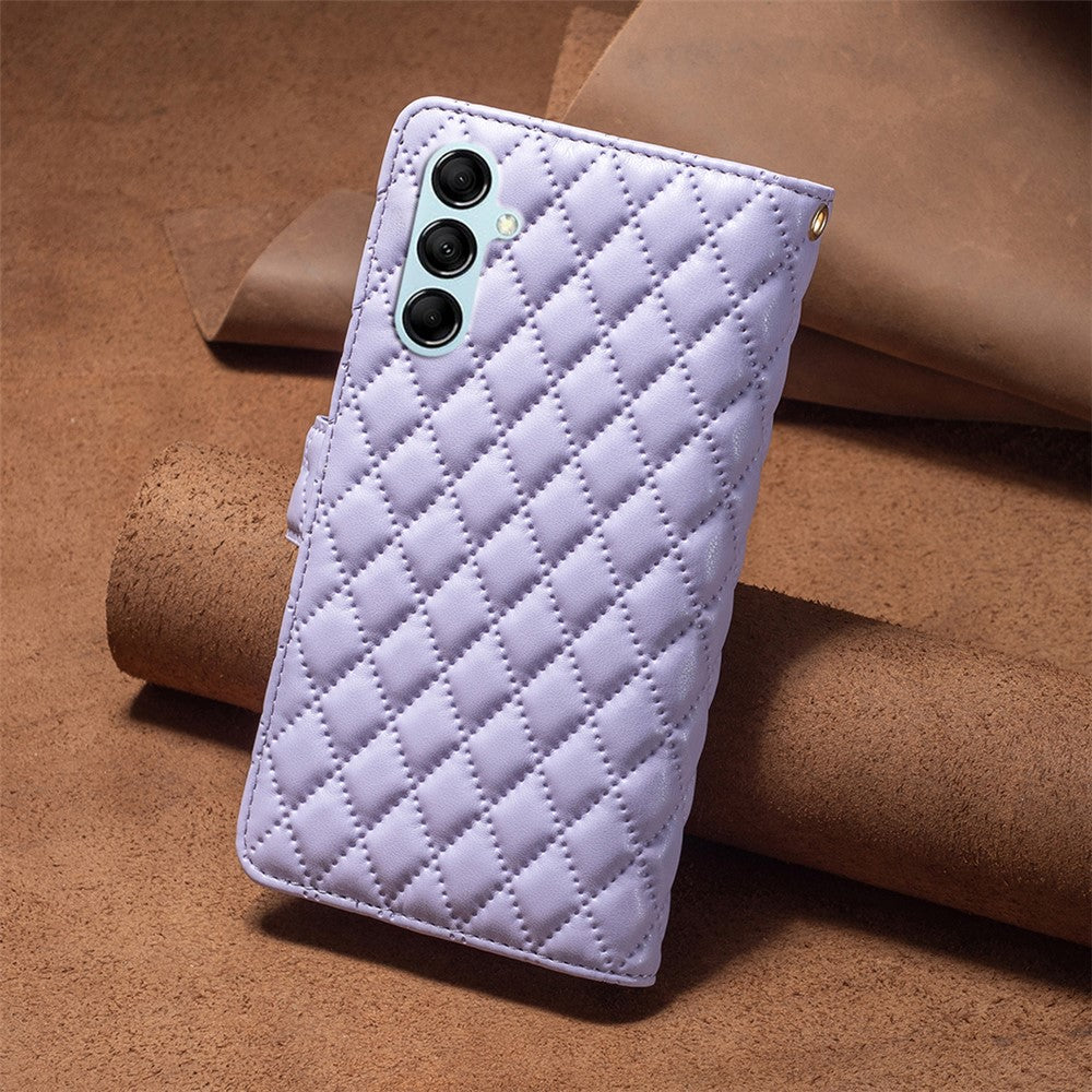 BINFEN COLOR BF Style-15 for Samsung Galaxy M14 5G Zipper Pocket PU Leather Wallet Case Phone Stand Cover - Purple