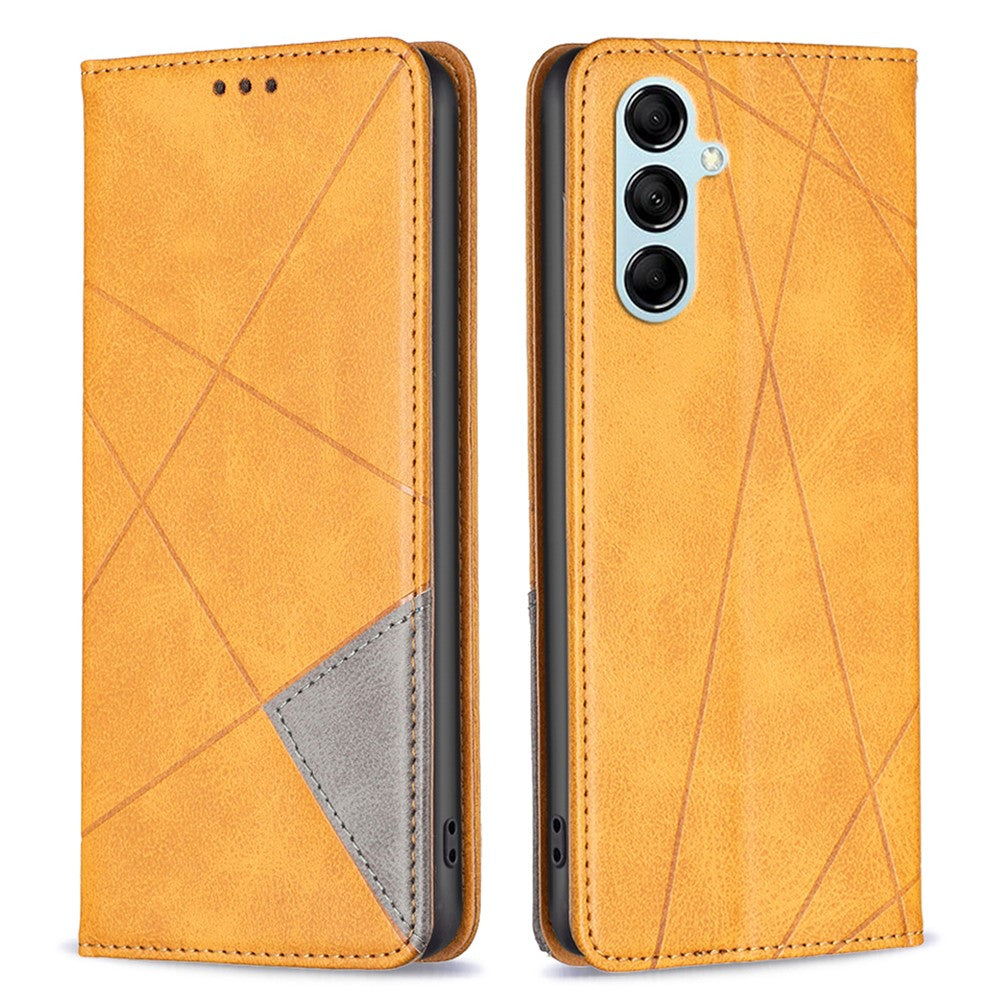 For Samsung Galaxy M14 5G Leather Case with Card Holder Imprinting Pattern Phone Stand Cover - Yellow