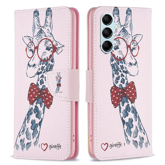 For Samsung Galaxy M14 5G Phone Case Pattern Printing PU Leather Wallet Stand Cover - Giraffe