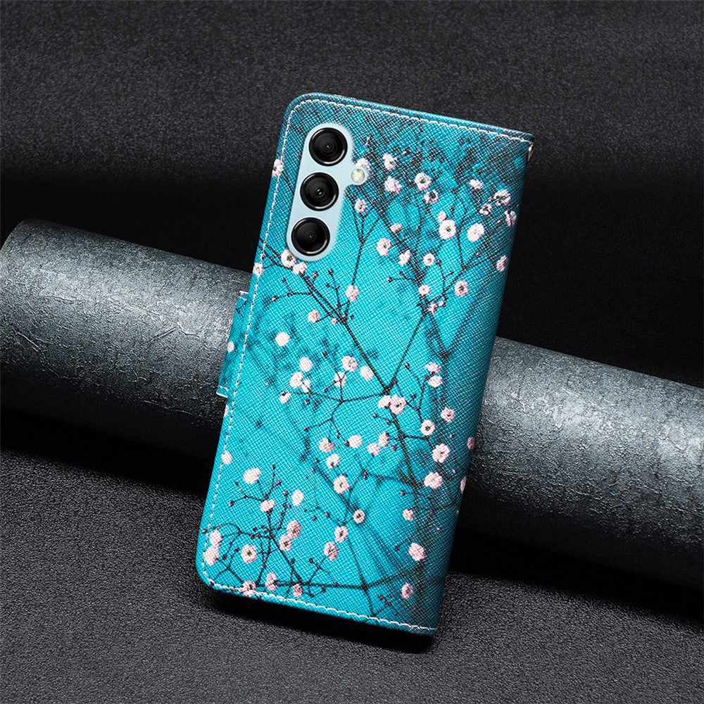 For Samsung Galaxy M14 5G Phone Case Pattern Printing PU Leather Wallet Stand Cover - Plum Blossom