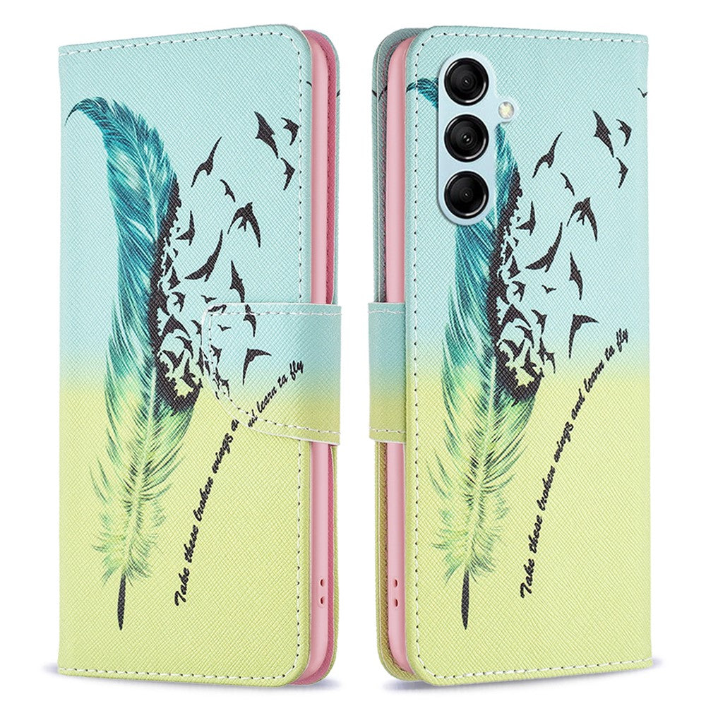 For Samsung Galaxy M14 5G Phone Case Pattern Printing PU Leather Wallet Stand Cover - Feather