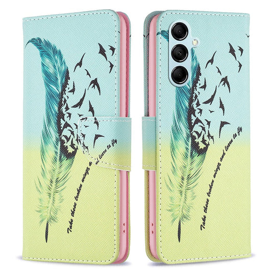 For Samsung Galaxy M14 5G Phone Case Pattern Printing PU Leather Wallet Stand Cover - Feather