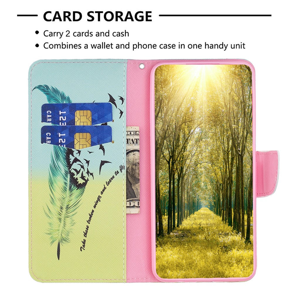 For Samsung Galaxy M14 5G Phone Case Pattern Printing PU Leather Wallet Stand Cover - Feather