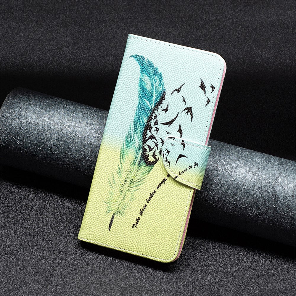 For Samsung Galaxy M14 5G Phone Case Pattern Printing PU Leather Wallet Stand Cover - Feather