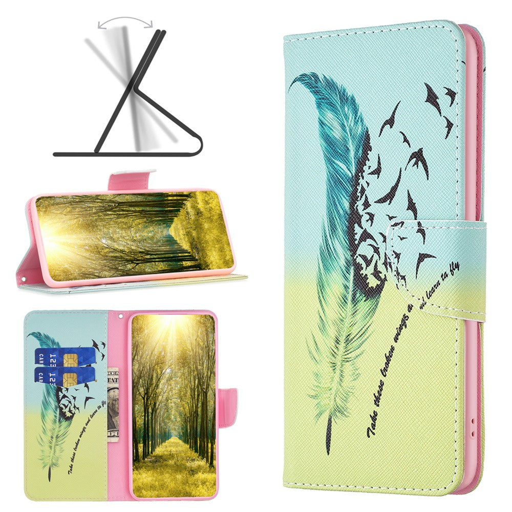 For Samsung Galaxy M14 5G Phone Case Pattern Printing PU Leather Wallet Stand Cover - Feather