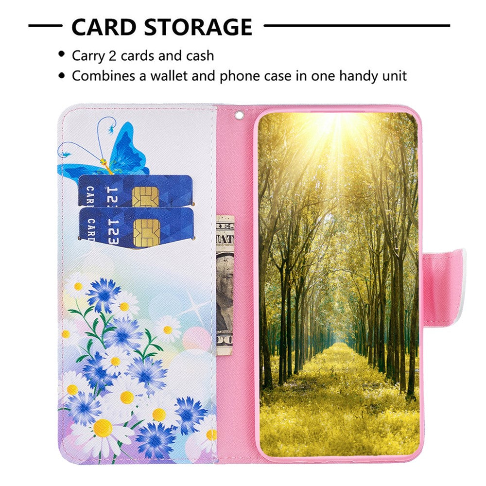 For Samsung Galaxy M14 5G Phone Case Pattern Printing PU Leather Wallet Stand Cover - Butterfly and Flowers