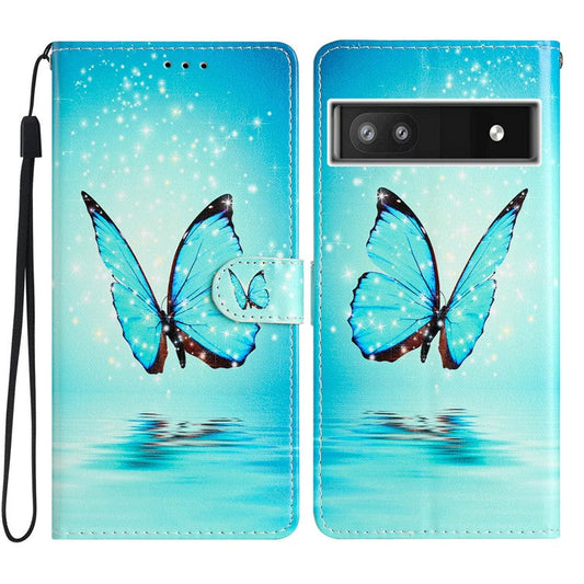 For Google Pixel 6a Stand Wallet Phone Case Pattern Printing PU Leather Cover with Strap - Blue Butterfly