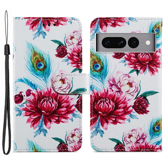 For Google Pixel 7 Pro 5G Pattern Printing PU Leather Wallet Case Stand Flip Phone Cover with Strap - Peacock Flower