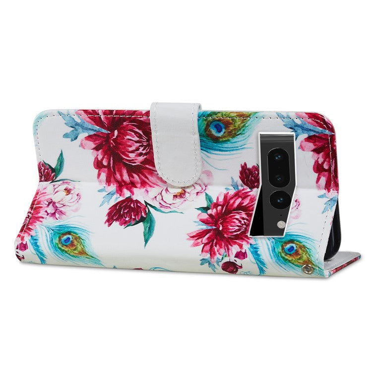 For Google Pixel 7 Pro 5G Pattern Printing PU Leather Wallet Case Stand Flip Phone Cover with Strap - Peacock Flower
