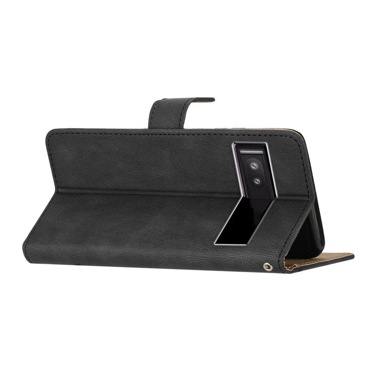 For Google Pixel 7a Imprinted Lines Leather Wallet Cover Crazy Horse Texture Phone Stand Case with Strap - Black