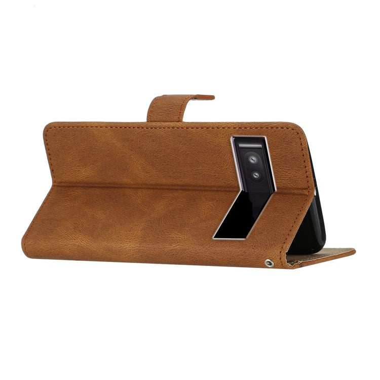 For Google Pixel 7a Imprinted Lines Leather Wallet Cover Crazy Horse Texture Phone Stand Case with Strap - Brown