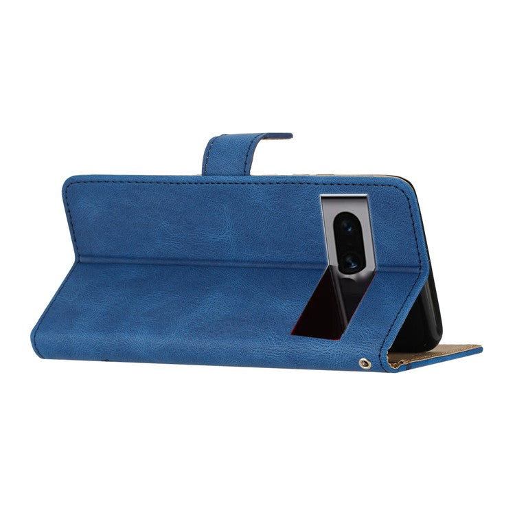 For Google Pixel 7 Pro 5G Imprinted Lines PU Leather Wallet Stand Anti-drop Cover Crazy Horse Texture Phone Case with Strap - Blue