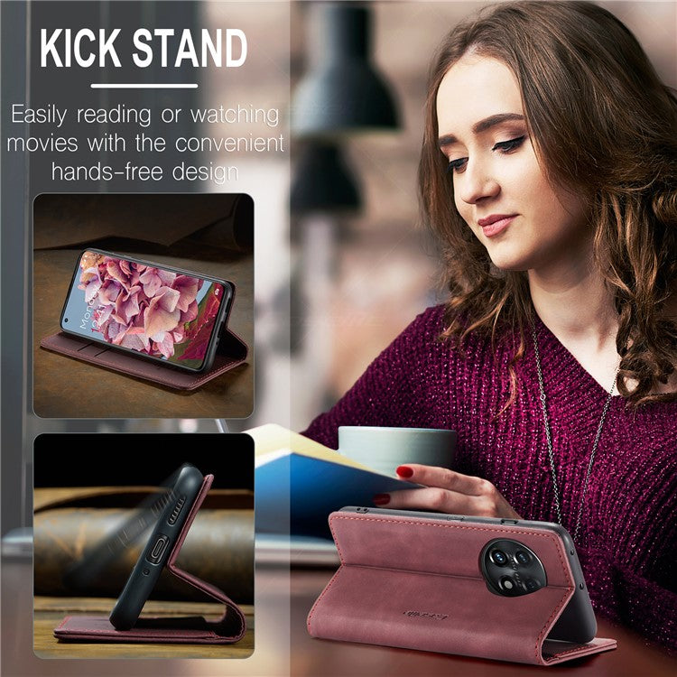 CASEME 013 Series Phone Shell for OnePlus 11 5G Magnetic Flip PU Leather Case Wallet Stand Cover - Wine Red