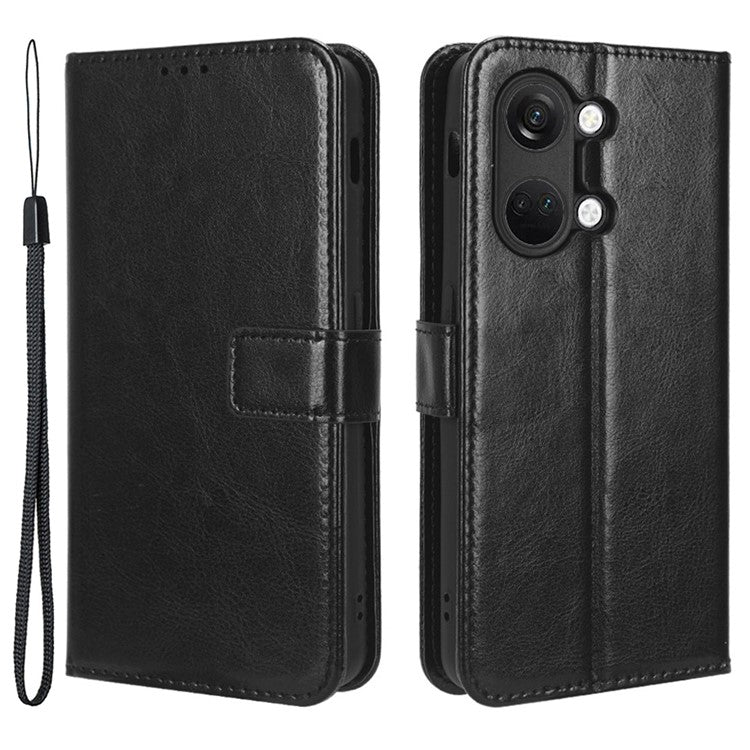 For OnePlus Nord 3 5G / Ace 2V Cell Phone Case Wallet Stand Crazy Horse Texture Leather Phone Cover - Black