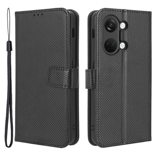 For OnePlus Nord 3 5G / Ace 2V Stand Wallet Phone Case Diamond Texture Leather Smartphone Cover - Black