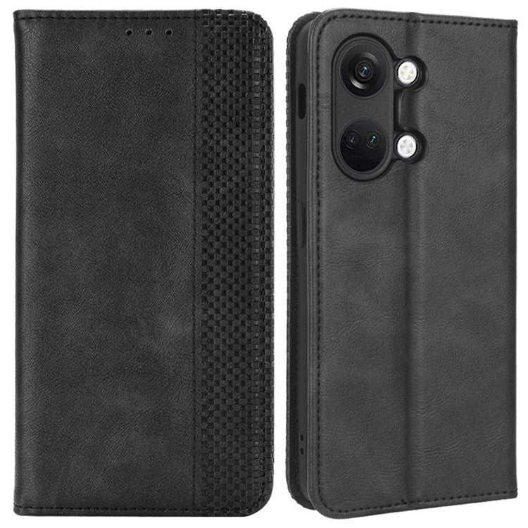 For OnePlus Nord 3 5G / Ace 2V Retro Phone Case PU Leather+TPU Phone Cover with Wallet Stand - Black