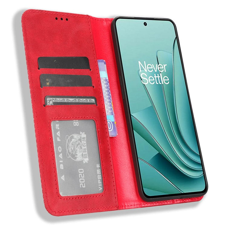 For OnePlus Nord 3 5G / Ace 2V Retro Phone Case PU Leather+TPU Phone Cover with Wallet Stand - Red