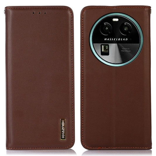 KHAZNEH RFID Blocking Phone Case for Oppo Find X6 Genuine Cowhide Leather Cover with Stand Wallet - Brown