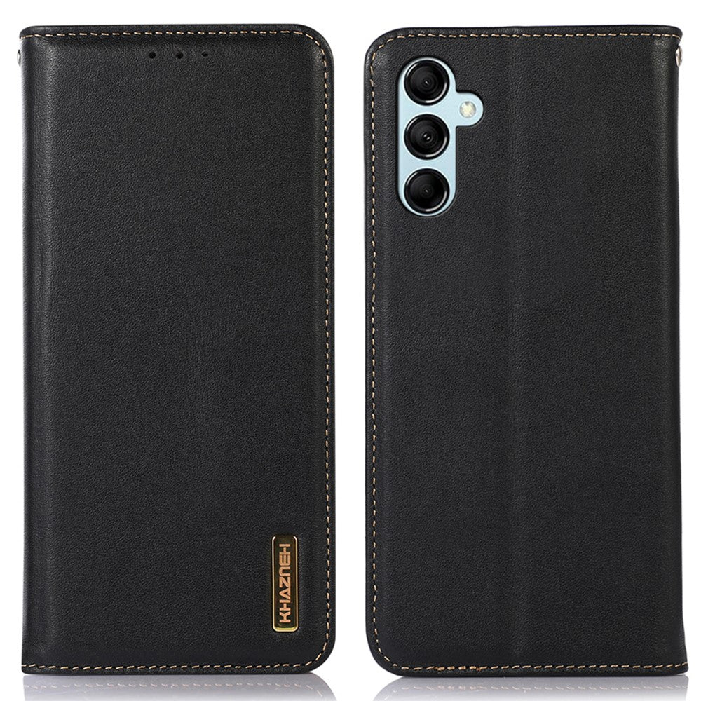 KHAZNEH For Samsung Galaxy M14 5G Stand Wallet Phone Case RFID Blocking Genuine Cowhide Leather Cover - Black