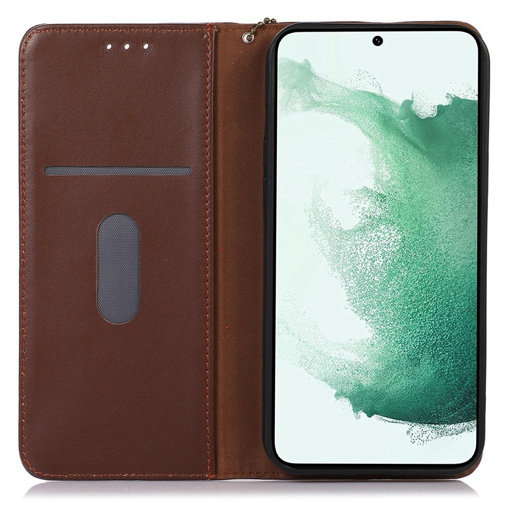 KHAZNEH For Samsung Galaxy M14 5G Stand Wallet Phone Case RFID Blocking Genuine Cowhide Leather Cover - Brown