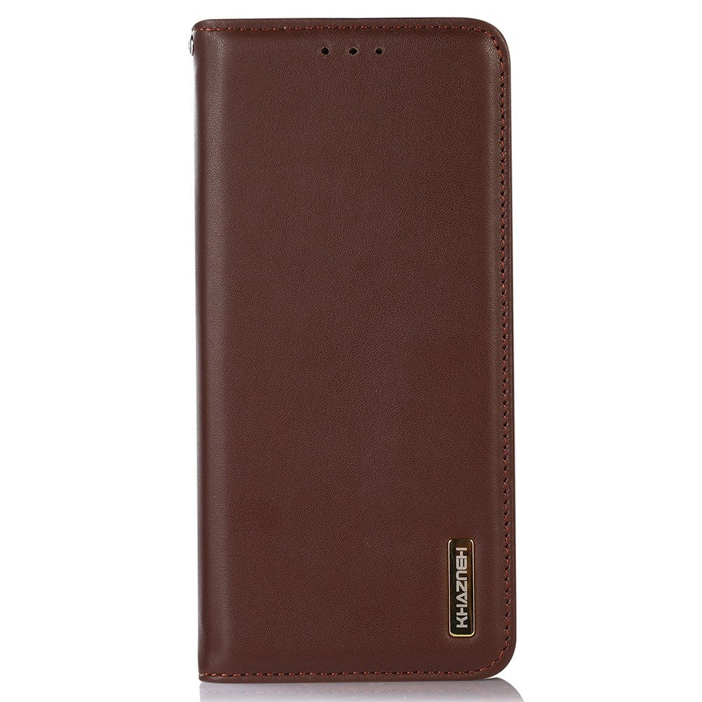KHAZNEH For Samsung Galaxy M14 5G Stand Wallet Phone Case RFID Blocking Genuine Cowhide Leather Cover - Brown