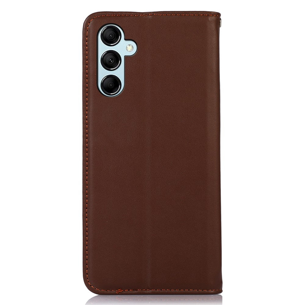 KHAZNEH For Samsung Galaxy M14 5G Stand Wallet Phone Case RFID Blocking Genuine Cowhide Leather Cover - Brown