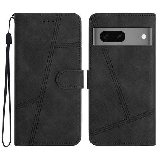 Phone Shell for Google Pixel 7 5G Imprinted Line Skin-touch PU Leather Wallet Stand Anti-drop Cover - Black