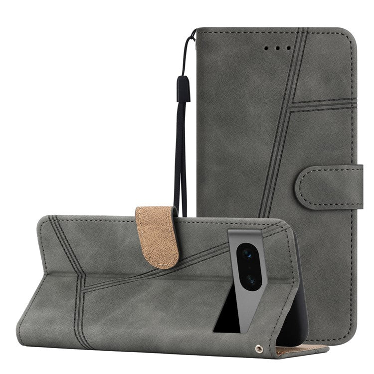 Phone Shell for Google Pixel 7 5G Imprinted Line Skin-touch PU Leather Wallet Stand Anti-drop Cover - Grey