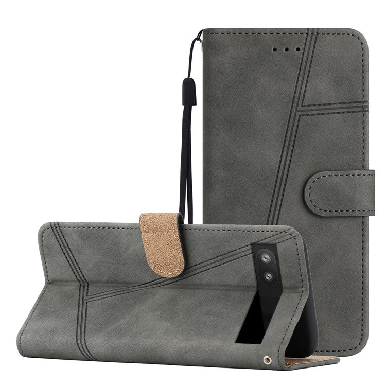 For Google Pixel 7a Anti-drop Cover Imprinted Line Skin-touch PU Leather Phone Shell with Wallet Stand - Grey
