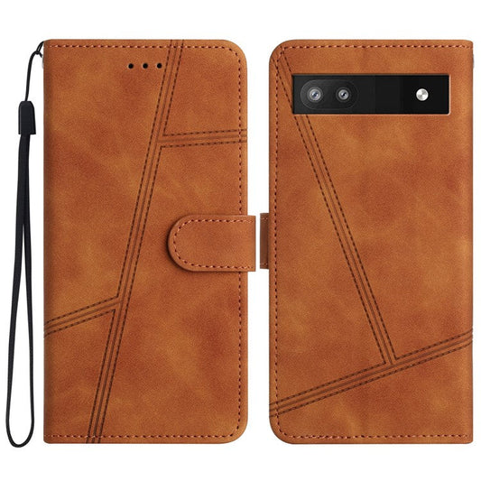 For Google Pixel 7a Anti-drop Cover Imprinted Line Skin-touch PU Leather Phone Shell with Wallet Stand - Brown