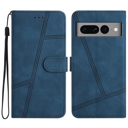 Anti-drop Cover for Google Pixel 7 Pro 5G Imprinted Line Skin-touch PU Leather Phone Shell with Wallet Stand - Blue