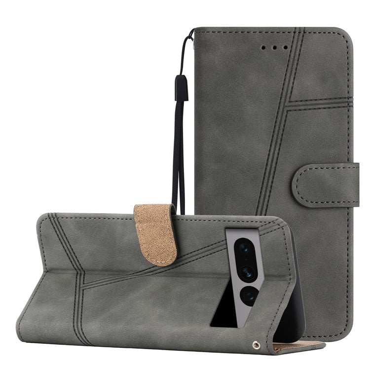 Anti-drop Cover for Google Pixel 7 Pro 5G Imprinted Line Skin-touch PU Leather Phone Shell with Wallet Stand - Grey
