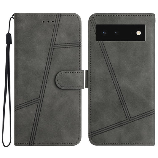 PU Leather Phone Shell for Google Pixel 6 Imprinted Line Skin-touch Anti-drop Cover with Wallet Stand - Grey