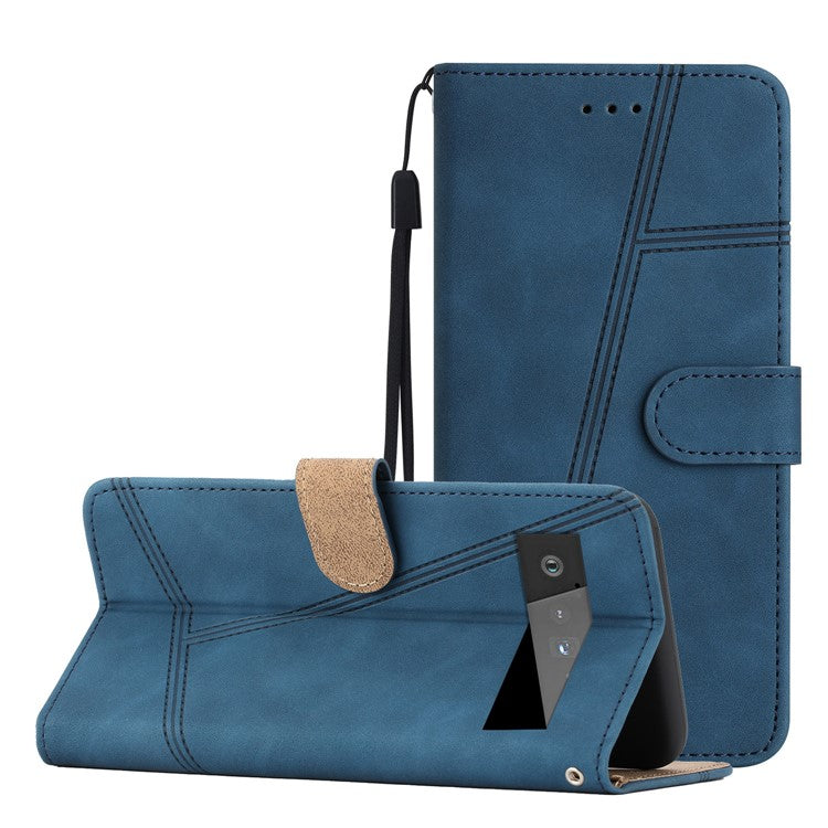 For Google Pixel 6 Pro 5G Imprinted Line Skin-touch PU Leather Phone Shell Wallet Stand Anti-drop Cover - Blue