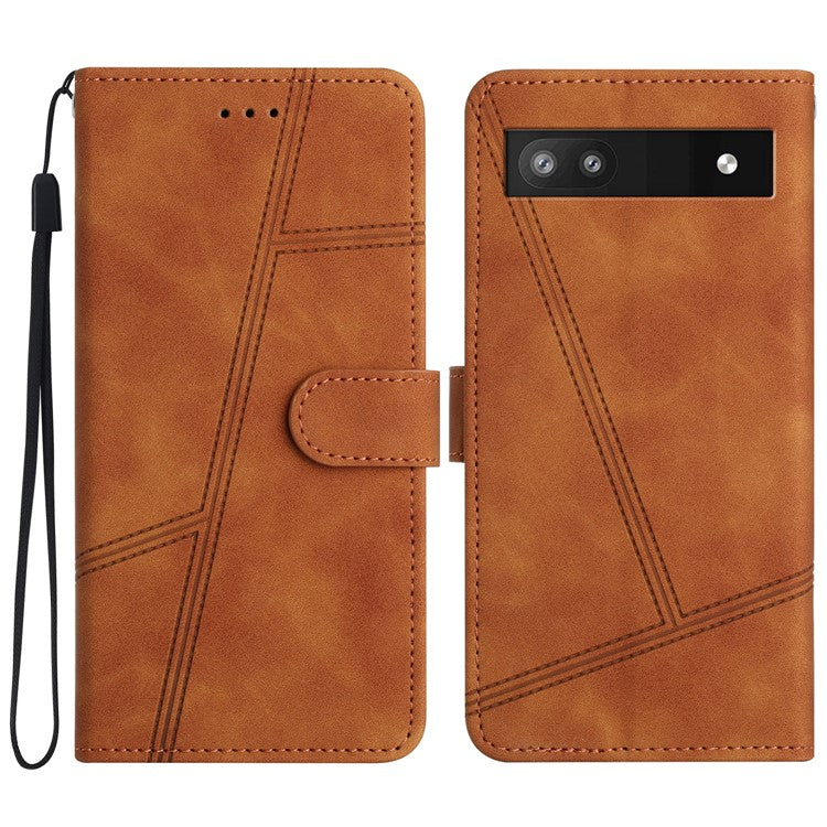 For Google Pixel 6a Skin-touch PU Leather Imprinted Line Phone Shell Wallet Protective Stand Cover - Brown