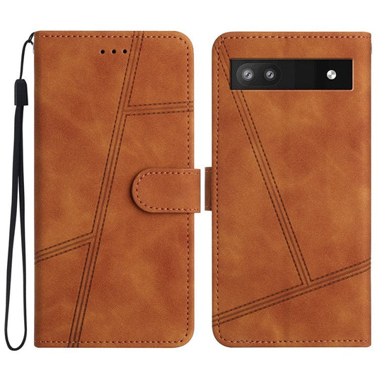 For Google Pixel 6a Skin-touch PU Leather Imprinted Line Phone Shell Wallet Protective Stand Cover - Brown