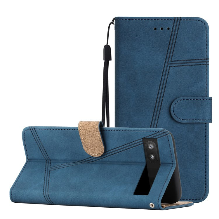 For Google Pixel 6a Skin-touch PU Leather Imprinted Line Phone Shell Wallet Protective Stand Cover - Blue