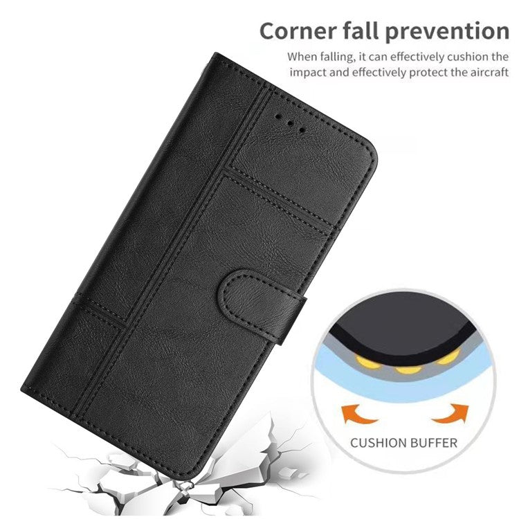 For Google Pixel 7a PU Leather Cowhide Texture Business Cover Line Imprinted Stand Wallet Phone Case with Strap - Black