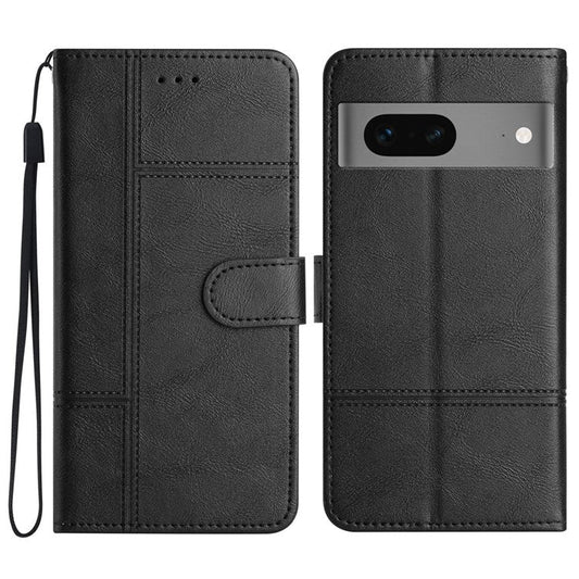 For Google Pixel 7 5G PU Leather Wallet Stand Cover Line Imprinted Cowhide Texture Business Phone Case - Black