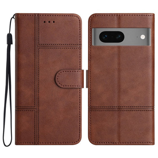 For Google Pixel 7 5G PU Leather Wallet Stand Cover Line Imprinted Cowhide Texture Business Phone Case - Coffee