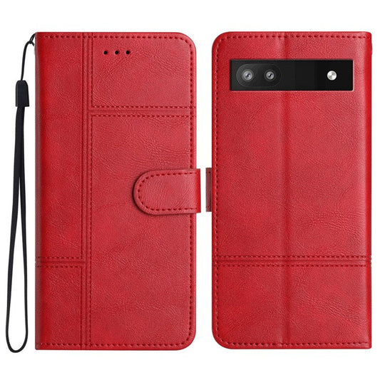 For Google Pixel 6a Wallet Phone Case Business PU Leather Line Imprinted Cowhide Texture Stand Cover - Red