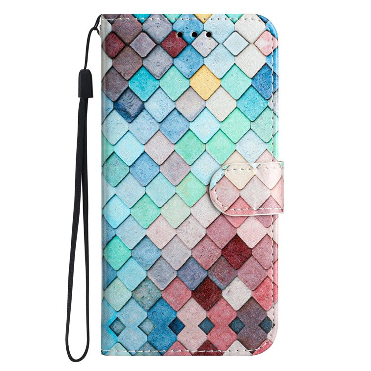 For Google Pixel 7a Wallet Phone Case PU Leather Pattern Printing Stand Phone Cover with Strap - Colorful Grid