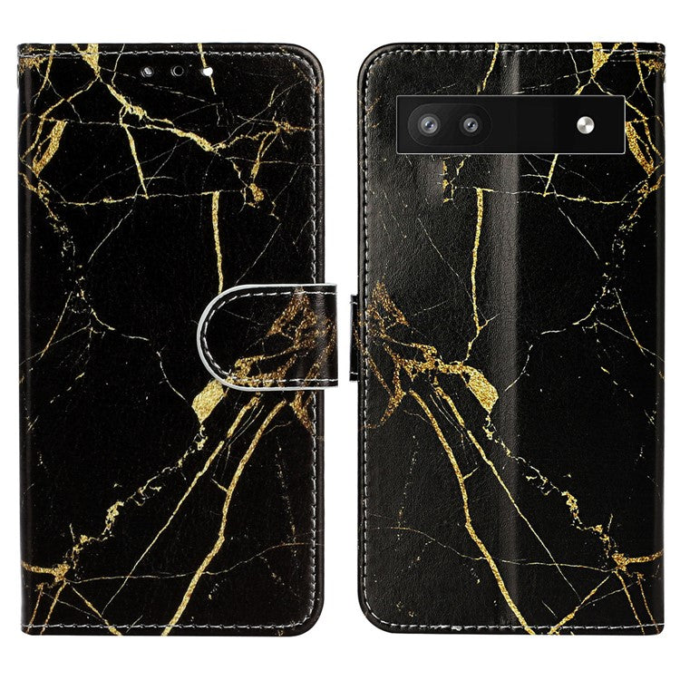 Wallet Phone Case for Google Pixel 7a Anti-Drop Shockproof Case Pattern Printing Leather Flip Cover - Black Gold Marble